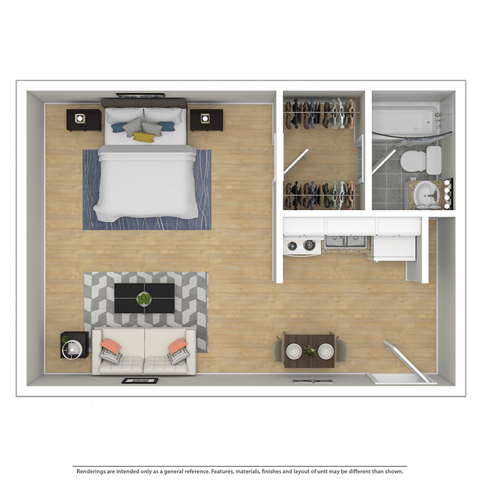 a floor plan of a studio apartment with a bedroom and a living room